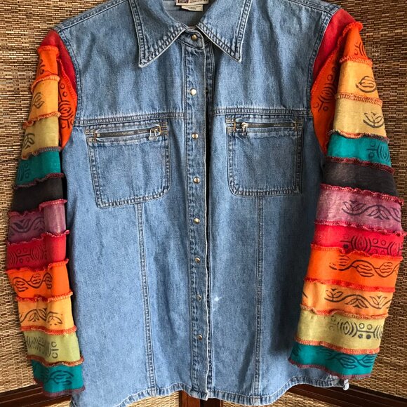 Upcycled Denim Jacket, Size M: Hand-Painted Aztec Patches, Colorful Sleeves - Picture 7 of 12